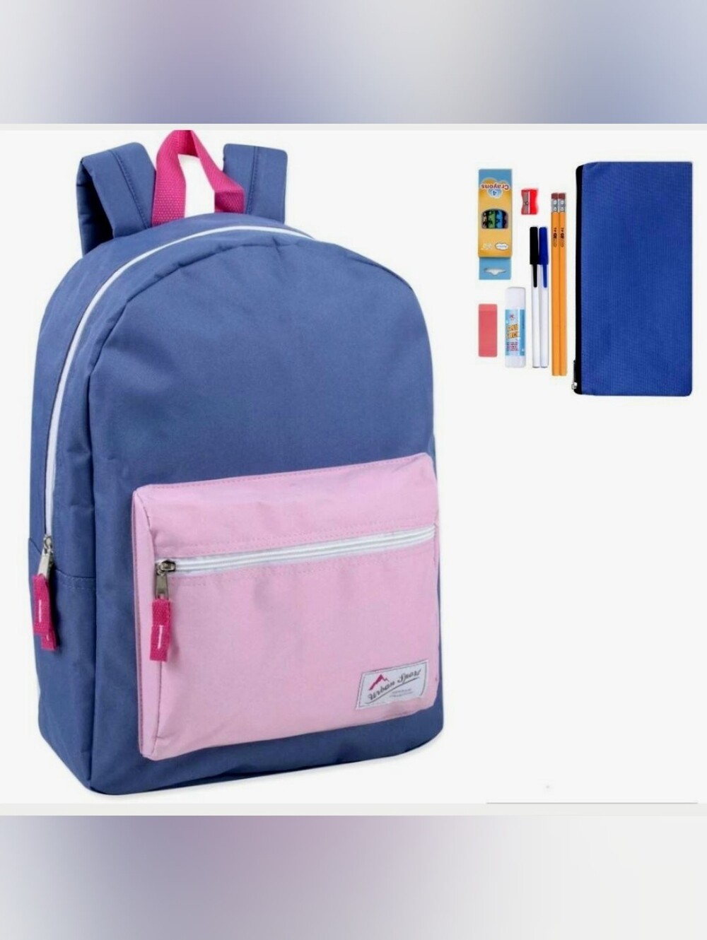 Kids Two-Tone Blue & Pink Casual Backpack with Front Pocket & FREE Pencil Case